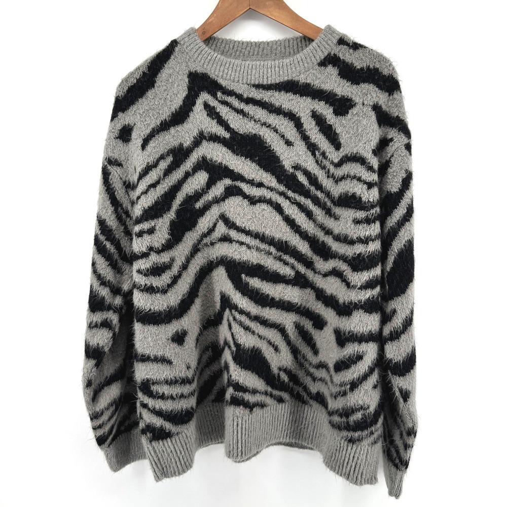 Topshop Sweater Women L Gray Black Zebra Animal Print Fuzzy Indie Grunge Winter